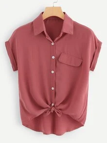 SHEIN LUNE Rolled Cuff Knotted Hem Shirt - Rusty Rose - View 1