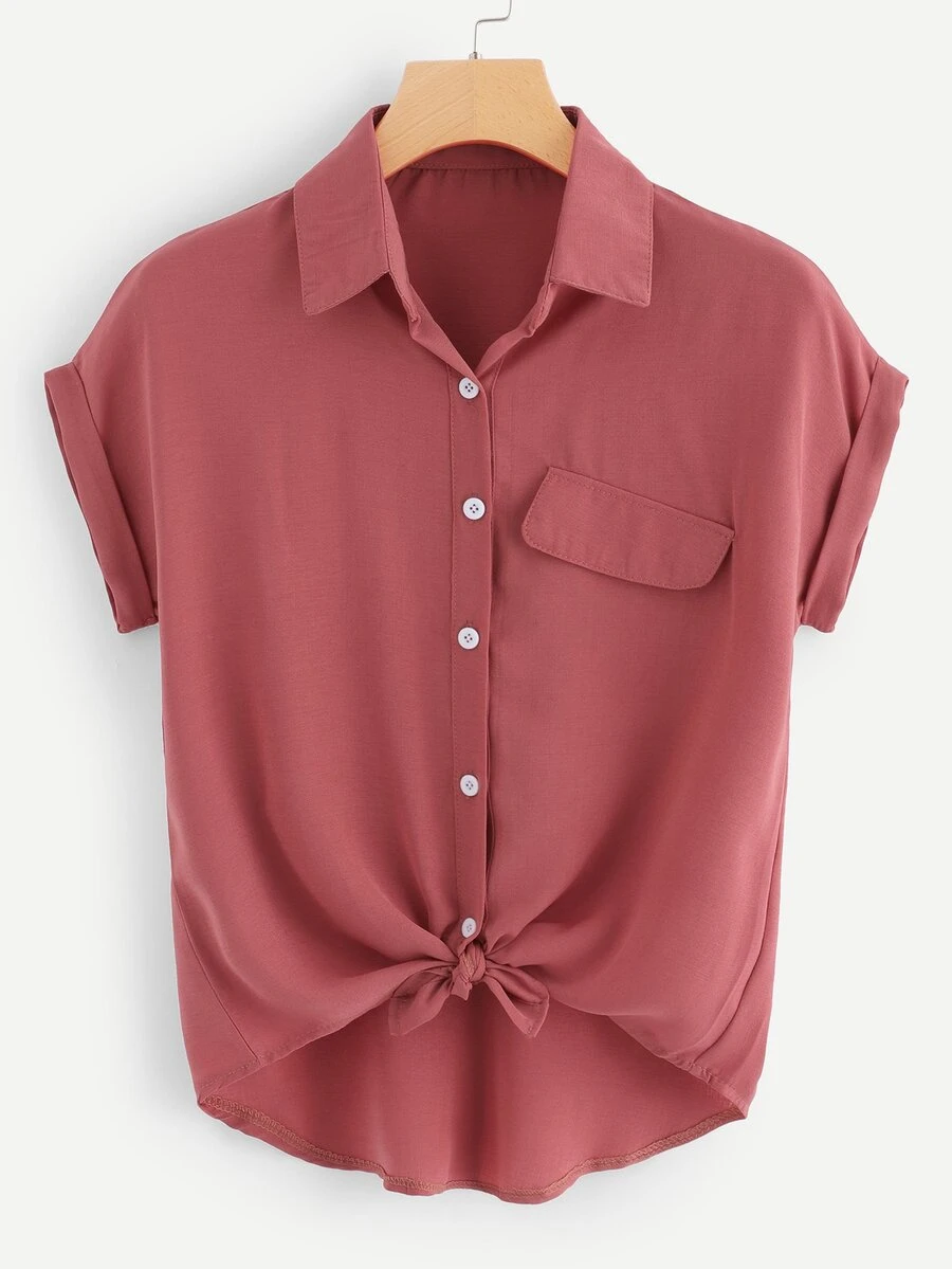 SHEIN LUNE Rolled Cuff Knotted Hem Shirt - Rusty Rose - View 1