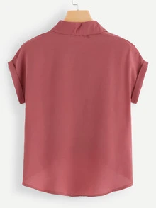 SHEIN LUNE Rolled Cuff Knotted Hem Shirt - Rusty Rose - View 2
