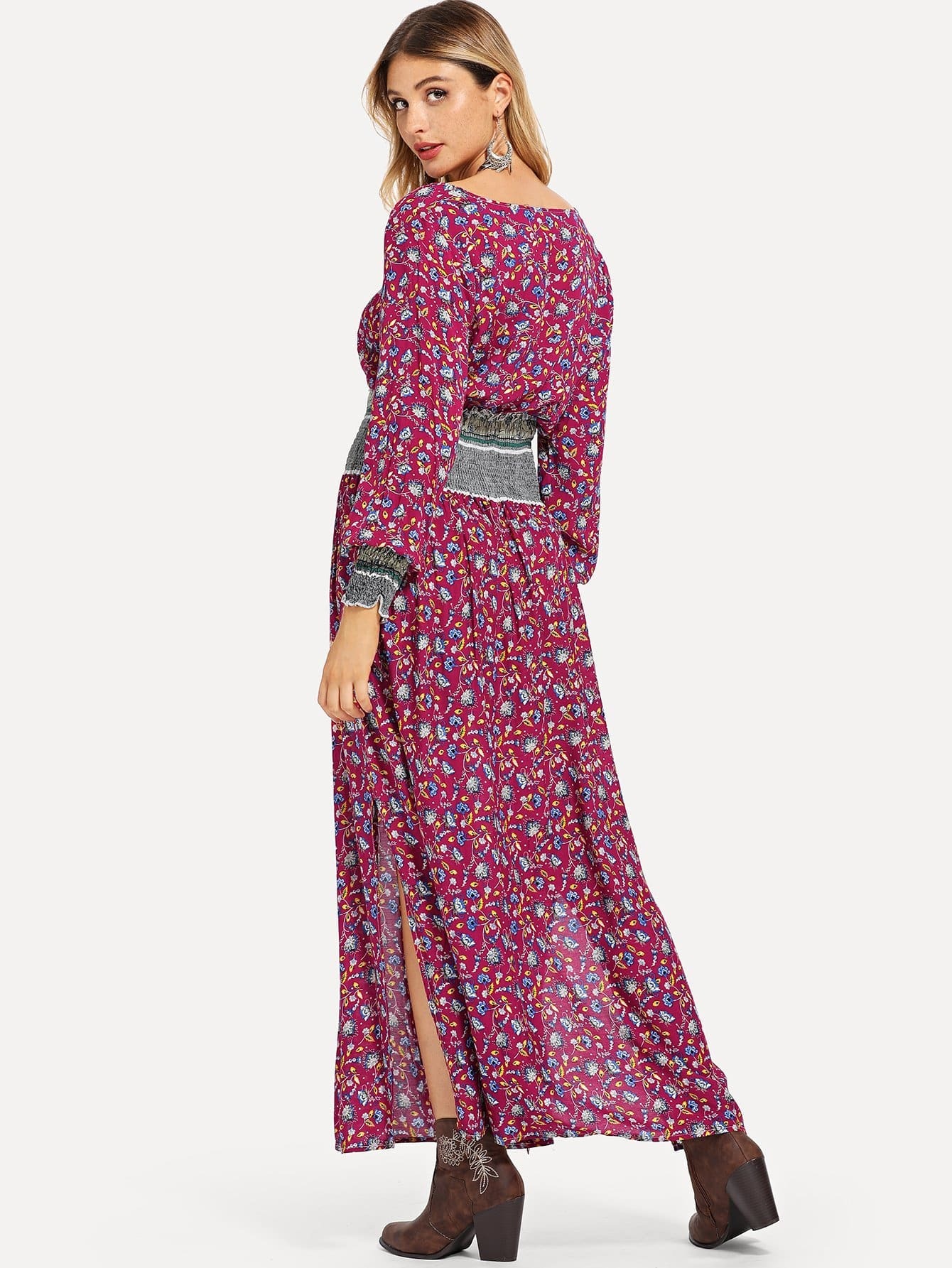 tie neck shirred waist floral dress -shein(sheinside)