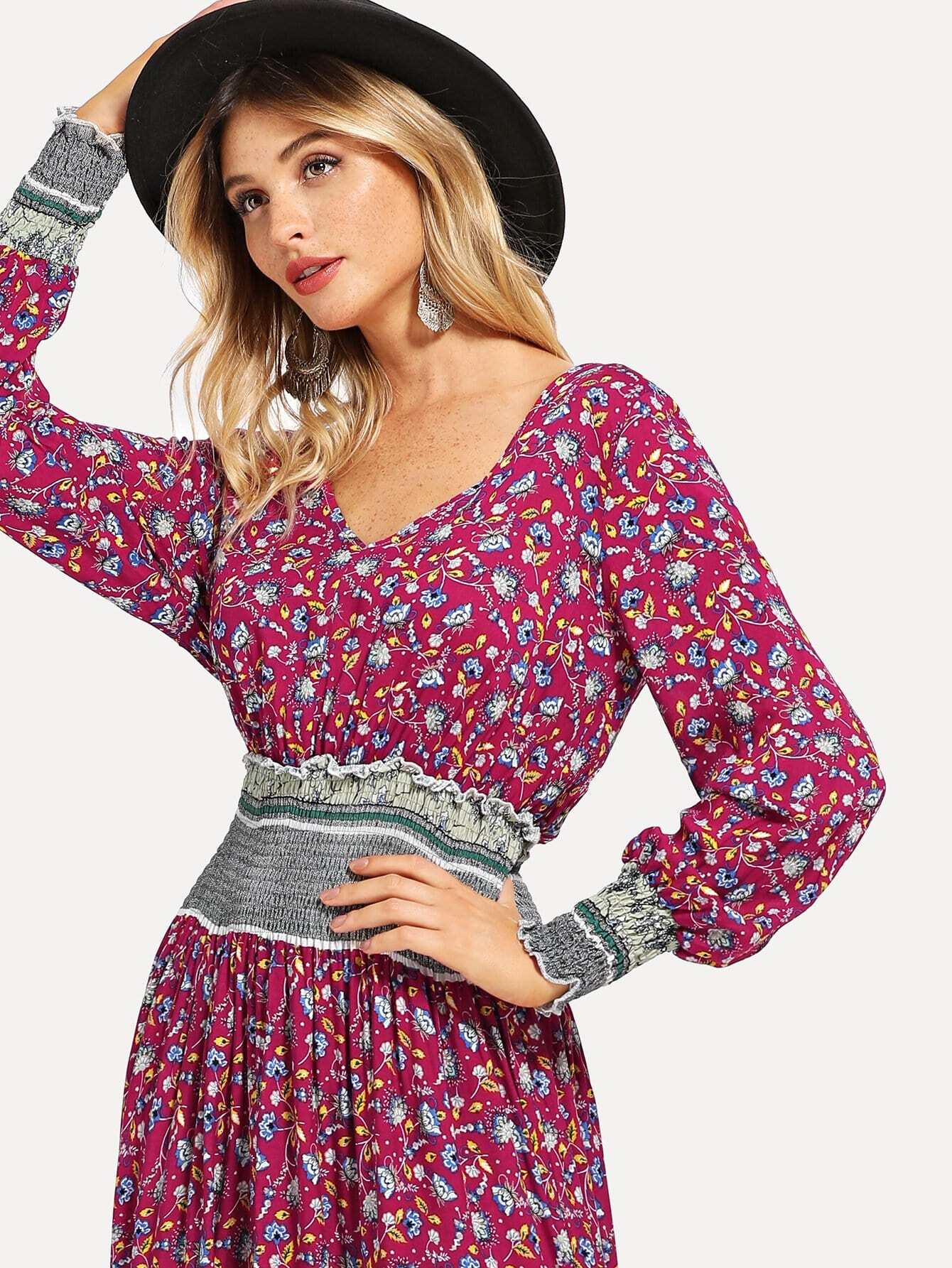 tie neck shirred waist floral dress -shein(sheinside)
