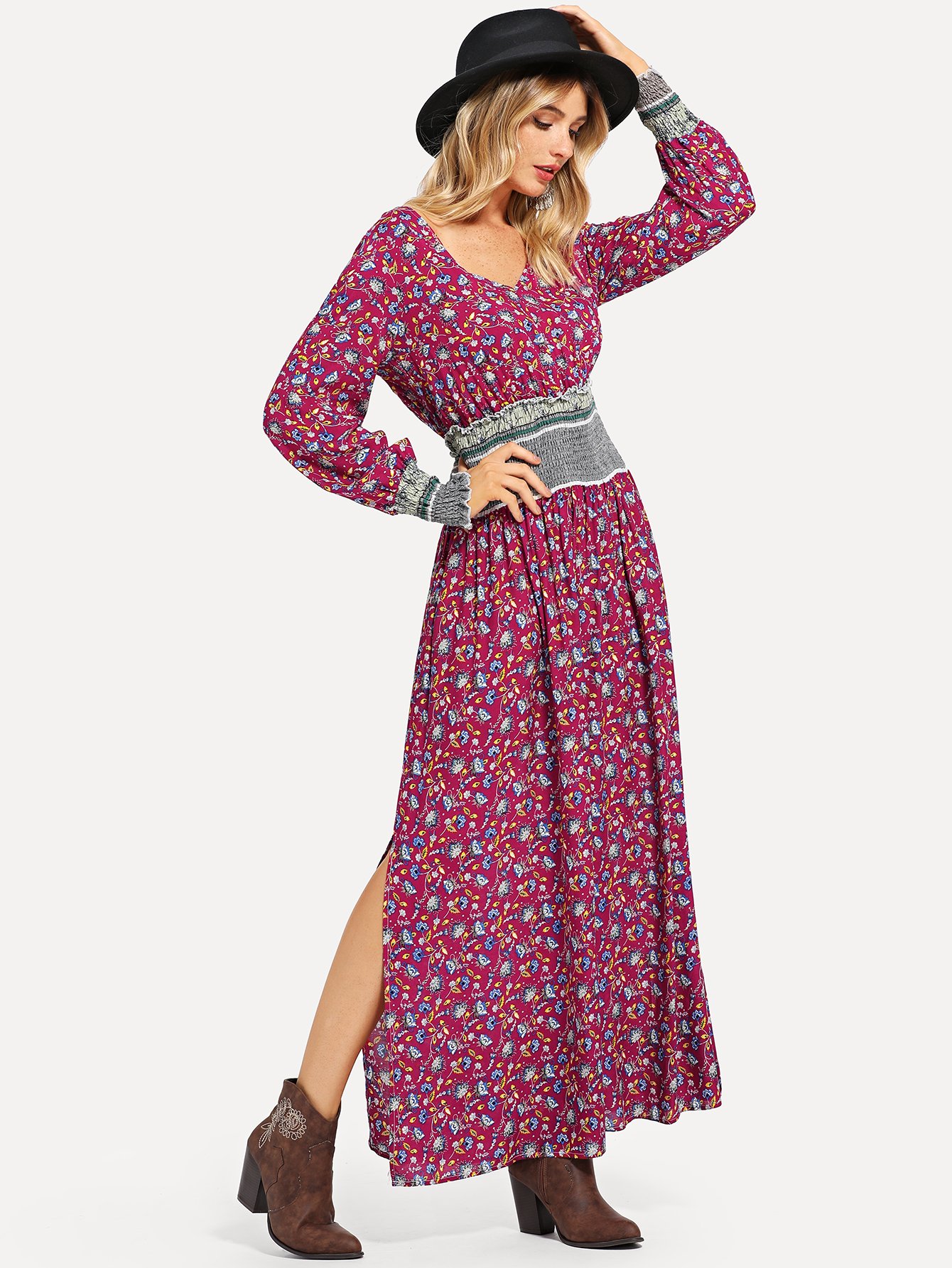 tie neck shirred waist floral dress -shein(sheinside)