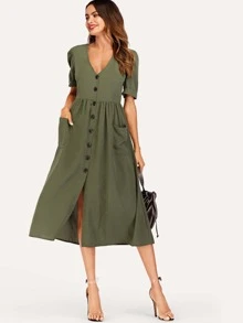 Button Through Pocket Patched Midi Dress - Army Green - View 3