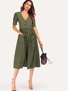 Button Through Pocket Patched Midi Dress - Army Green - View 4