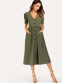 Button Through Pocket Patched Midi Dress - Army Green - View 5