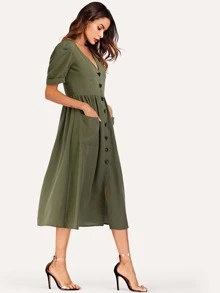 Button Through Pocket Patched Midi Dress - Army Green - View 6