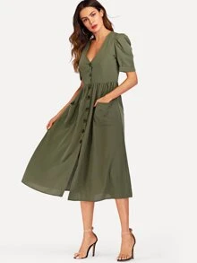 Button Through Pocket Patched Midi Dress - Army Green - View 7