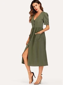 Button Through Pocket Patched Midi Dress - Army Green - View 8