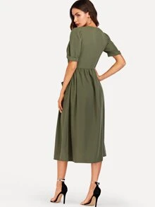 Button Through Pocket Patched Midi Dress - Army Green - View 2