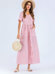 Striped Button Front Pocket Dress