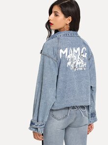 Letter Print Zip Up Denim Top