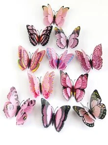 12 piezas Pegatinas de pared de mariposas 3D, pegatinas de alas de mariposa de dos capas en color rosa para decorar dormitorios y escuelas, pegatinas, vinilos decorativos para el hogar, artículos de decoración de primavera para refrescar tu hogar, pegatinas de decoración de ramas - Multicolor - Ver 3
