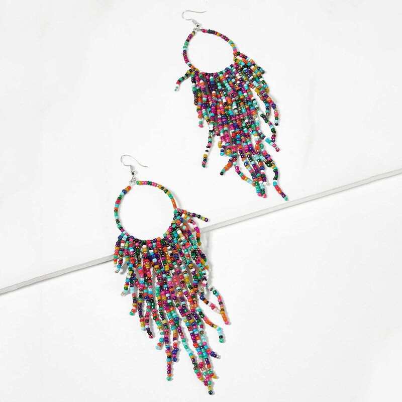 

Color Block Beaded Tassel Drop Earrings 1pair, Silver multicolor