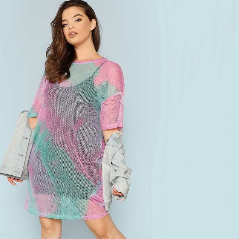 

Plus Drop Shoulder Tie Dye Sheer Dress without Lingerie Set, Multicolor