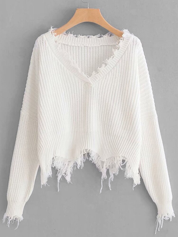 Frayed Trim Drop Shoulder Sweater