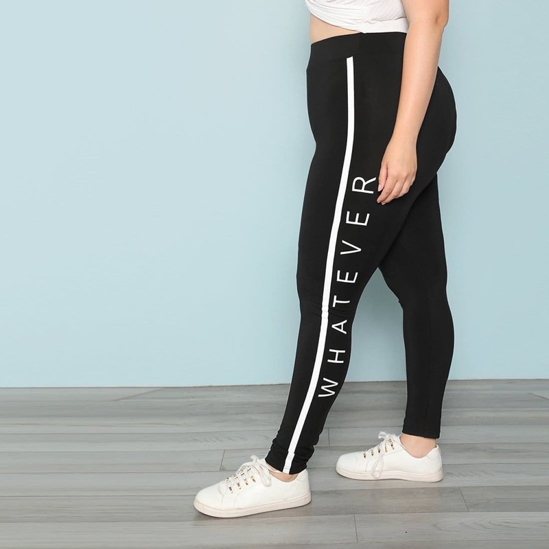 

Plus Letter Print Contrast Side Leggings, Black