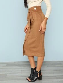 SHEIN Zip Back Tie Waist Wrap Skirt - Camel - View 3