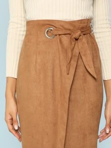 SHEIN Zip Back Tie Waist Wrap Skirt - Camel - View 4