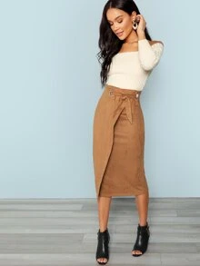 SHEIN Zip Back Tie Waist Wrap Skirt - Camel - View 5