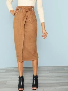 SHEIN Zip Back Tie Waist Wrap Skirt - Camel - View 1