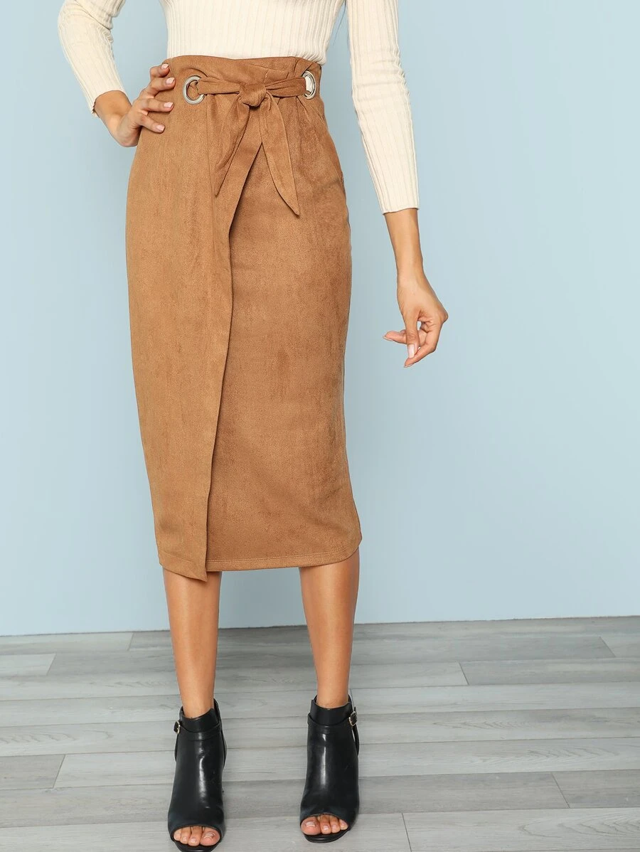 SHEIN Zip Back Tie Waist Wrap Skirt - Camel - View 1