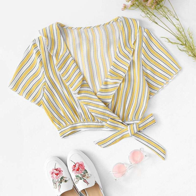 

Ruffle Hem Striped Knot Side Top, Yellow