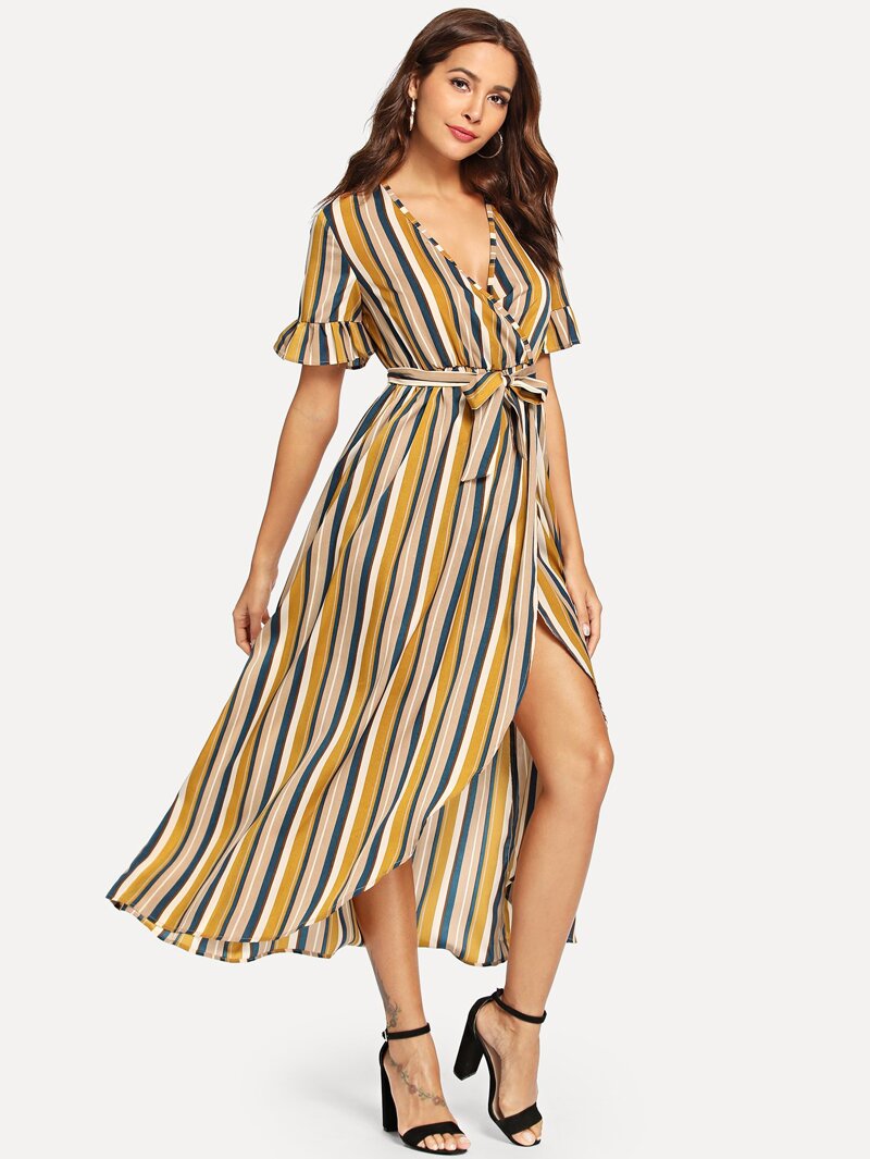 

Tie Front Striped Wrap Dress, Yellow, Giulia