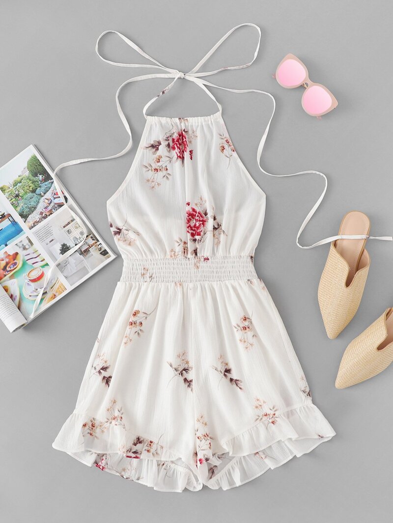 

Ruffle Hem Floral Print Halter Jumpsuit, Beige