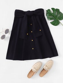 Tie Waist Button Detail Solid Skirt