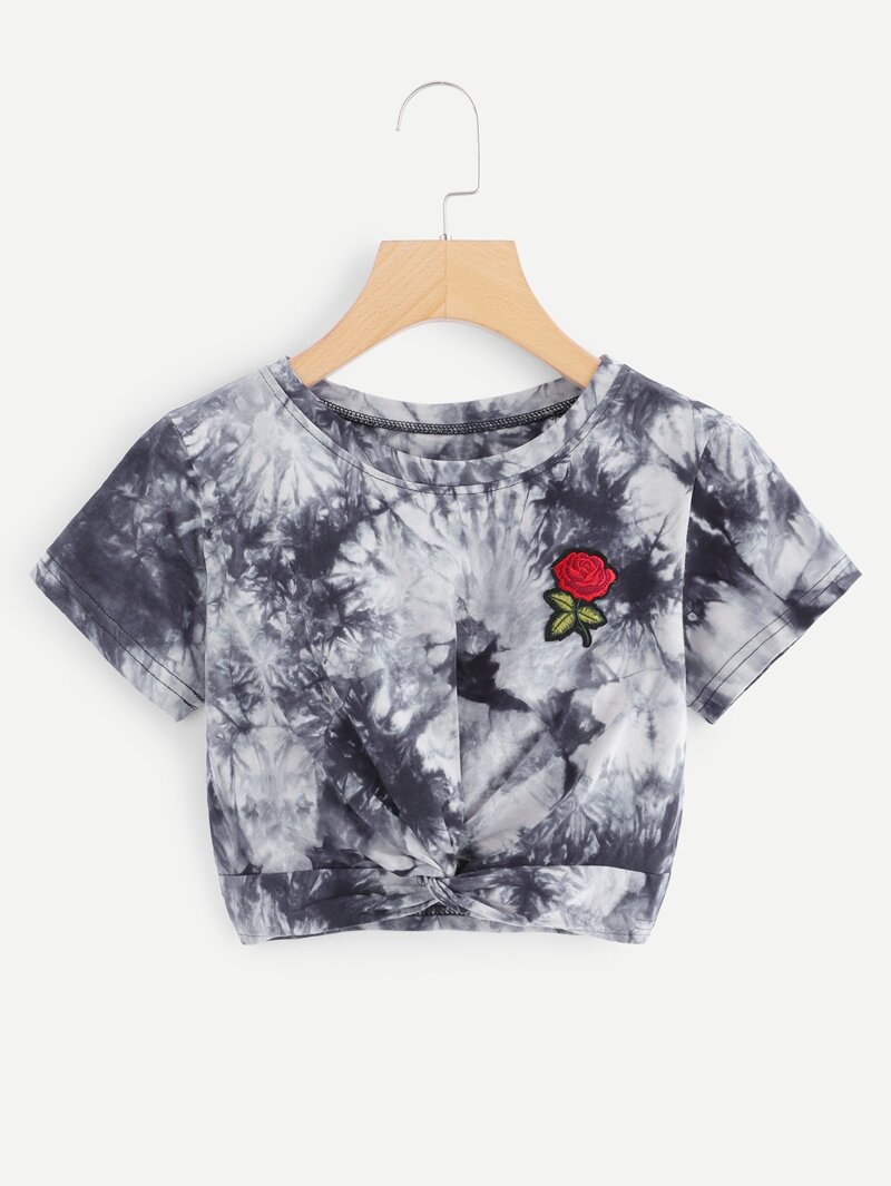 

Rose Embroidered Patch Twist Crop Tee, Navy