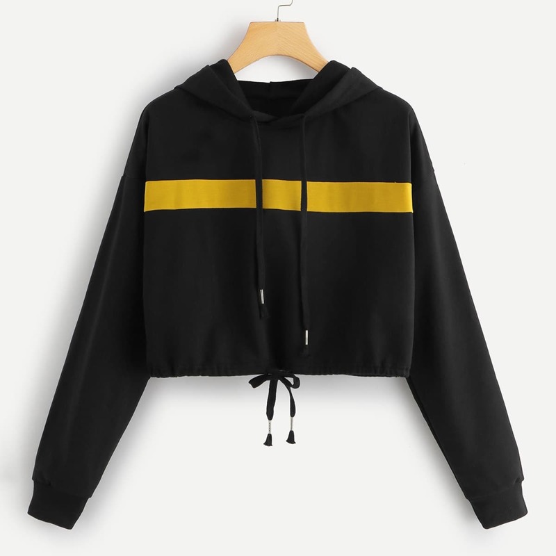 

Color Block Drawstring Detail Crop Hoodie, Black