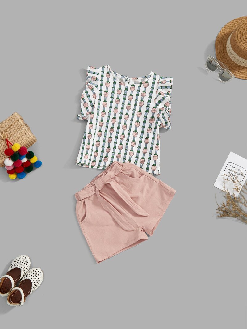 

Girls Pineapple Print Tee With Plain Short, Multicolor