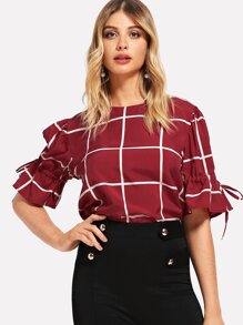 Plaid Drawstring Sleeve Blouse