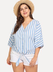 Plus Striped V Neck Denim Blouse