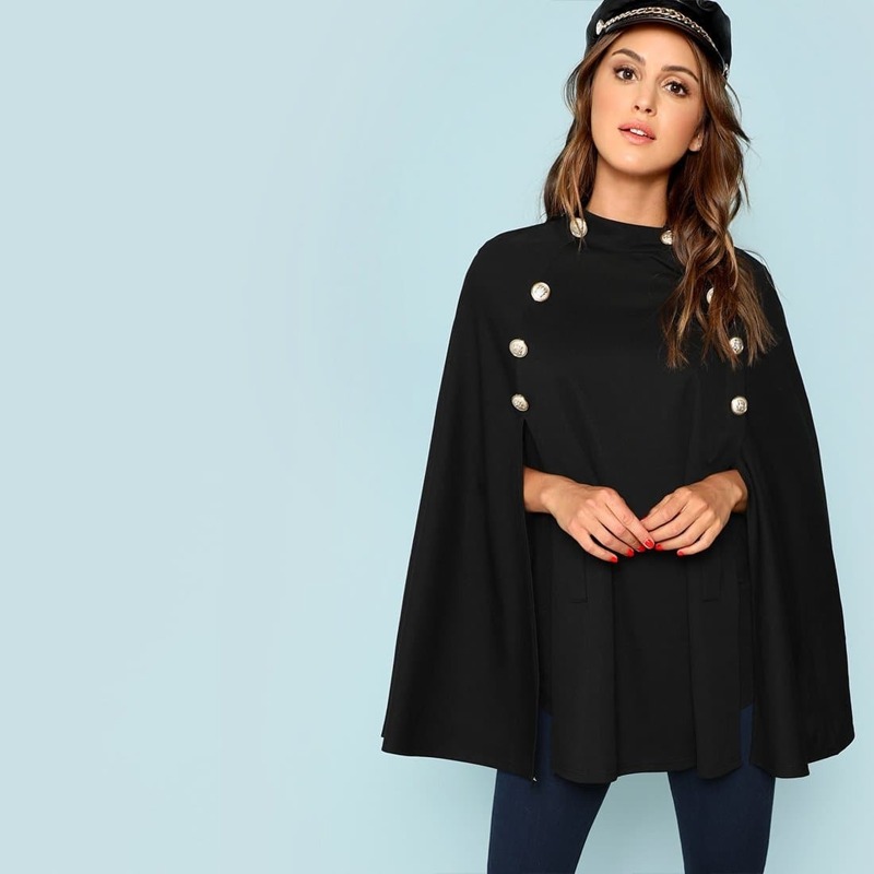 

Double Button Mock Poncho Coat, Black