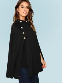 SHEIN Double Button Mock Poncho Coat - Black - View 3