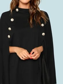 SHEIN Double Button Mock Poncho Coat - Black - View 4