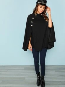 SHEIN Double Button Mock Poncho Coat - Black - View 5
