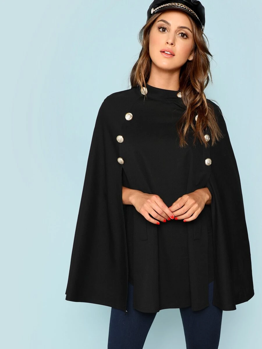 SHEIN Double Button Mock Poncho Coat - Black - View 1