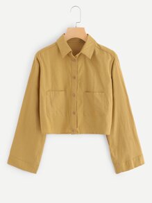 Button & Pocket Up Collar Neck Top