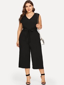 Plus Waist Belted Solid Jumpsuit