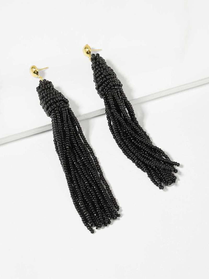 

Plain Beaded Tassel Drop Earrings, Black