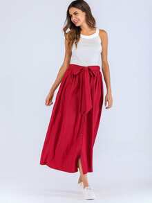 Falda sólida con botón delantero de cintura con cordón - Rosa Roja - Ver 3