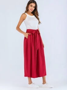 Falda sólida con botón delantero de cintura con cordón - Rosa Roja - Ver 4