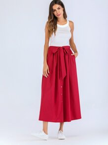 Solid Tie Waist Button Front Skirt