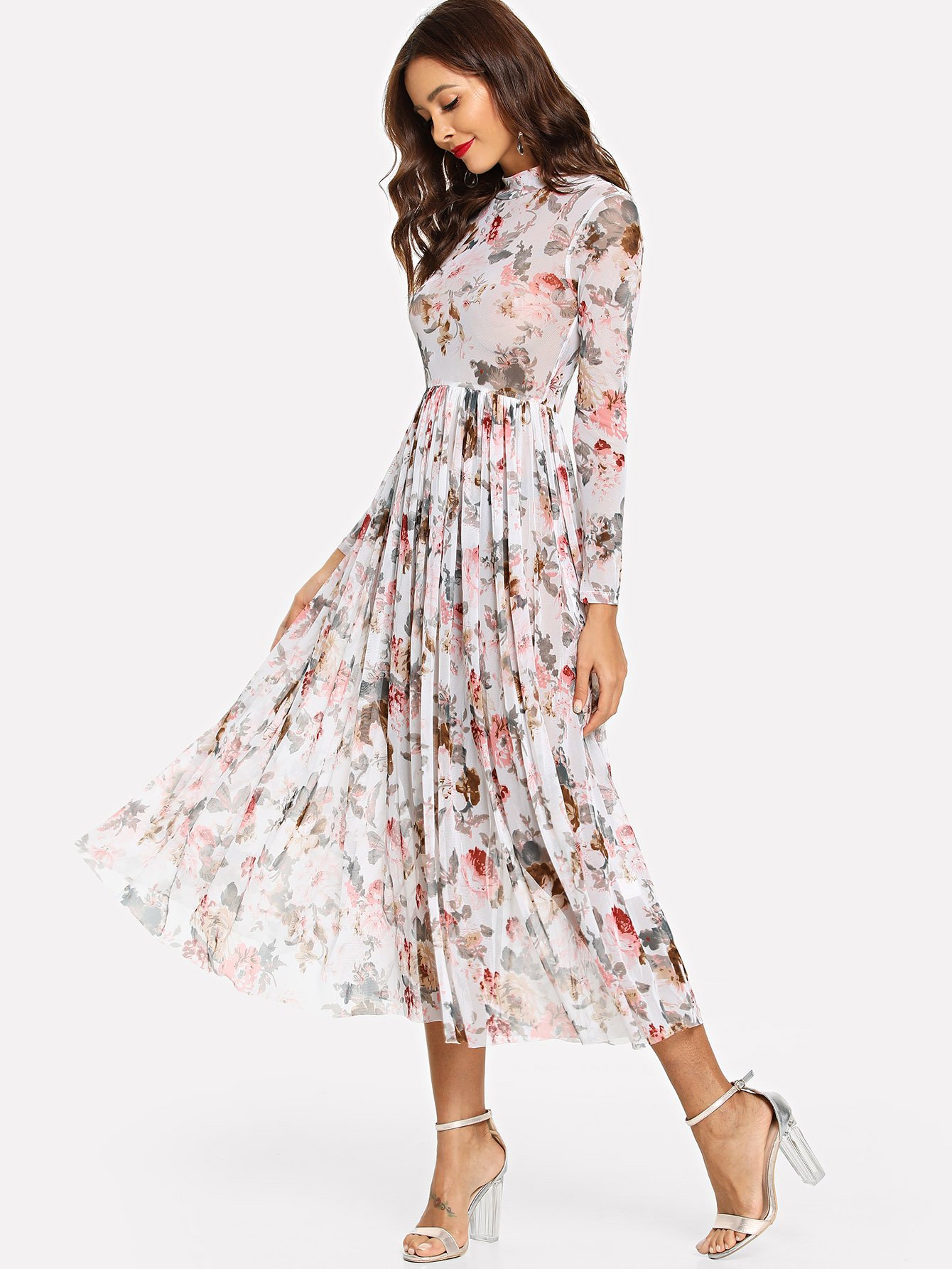 mock neck semi sheer pleated floral dress -shein(sheinside)