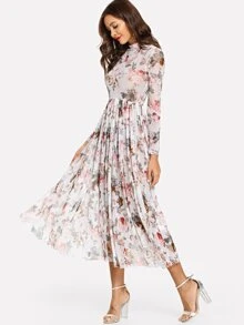 SHEIN Mock Neck Semi Sheer Midi Floral Dress - Multicolor - View 3
