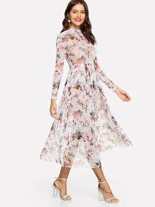 SHEIN Mock Neck Semi Sheer Midi Floral Dress - Multicolor - View 4