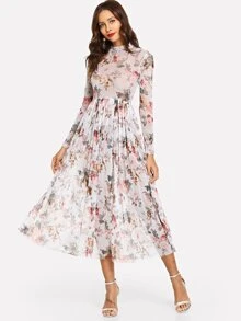 SHEIN Mock Neck Semi Sheer Midi Floral Dress - Multicolor - View 1