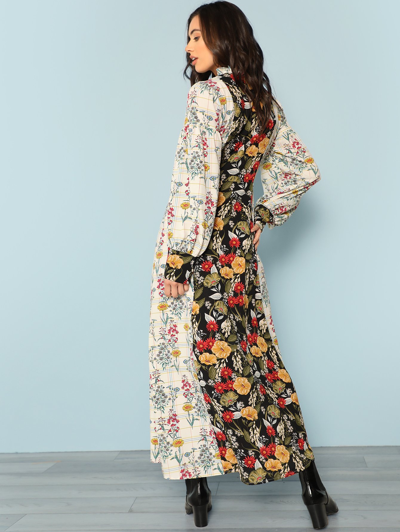 mock neck lantern sleeve cut and sew floral dress -shein(she